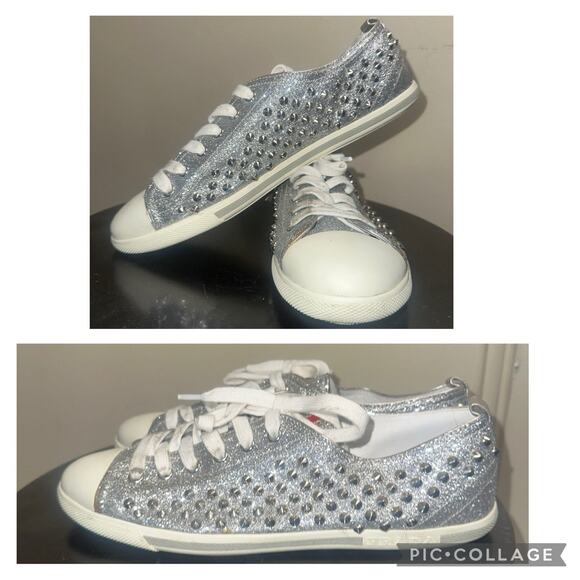 Prada Silver Glitter Studded Low Top Sneakers EU 40 - Picture 1 of 16